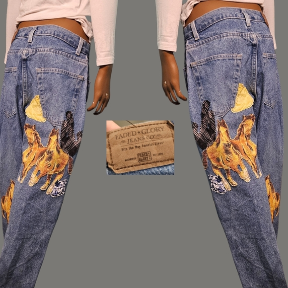 Faded Glory denim size 29-30 W with western inspired patchwork design - Picture 2 of 3